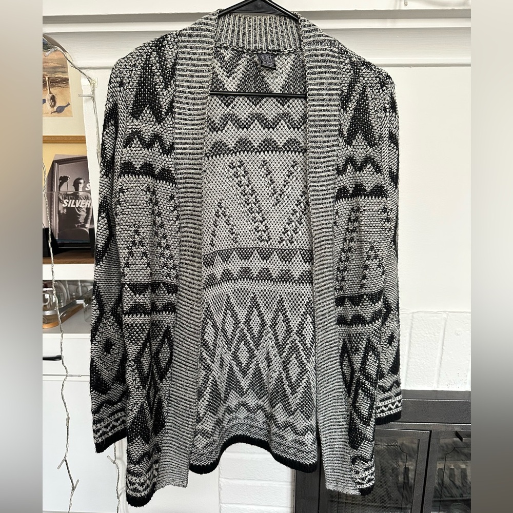 Black and Gray Patterned Long Open Front Cardigan